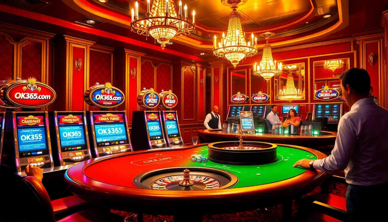 Gambling enthusiasts enjoying a poker game at OK365 com's luxurious casino with vibrant slot machines.
