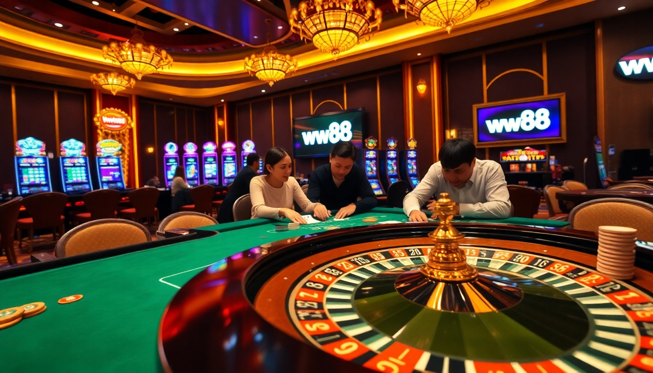 Players celebrating a win with ww88 poker chips at a vibrant casino table.