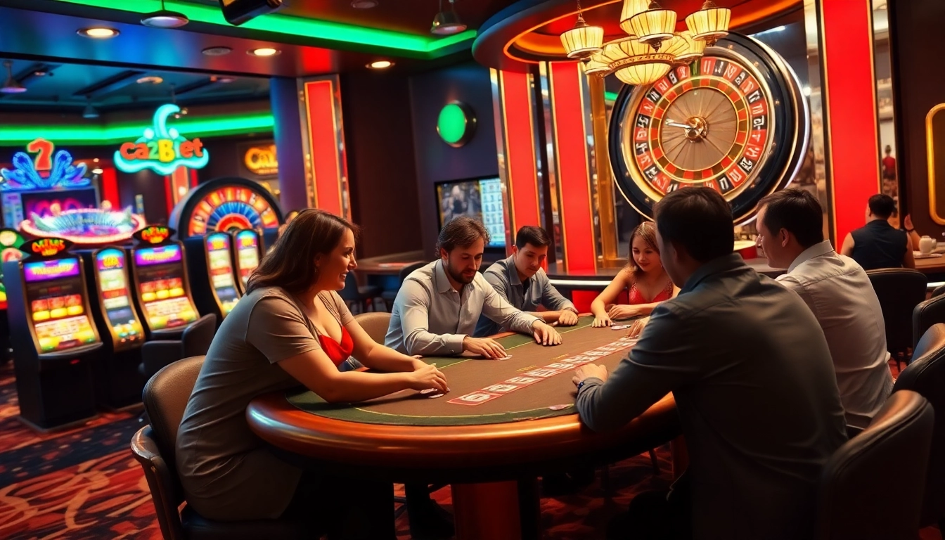 Players enjoying a thrilling game at the casino e2bet with colorful slot machines and poker chips.
