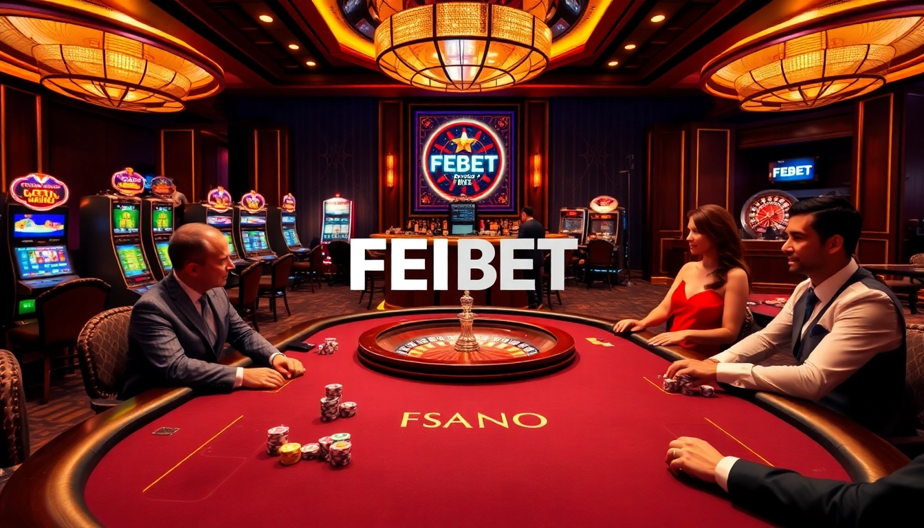 Play poker at a luxurious FEBET casino table with vibrant chips and a roulette backdrop.
