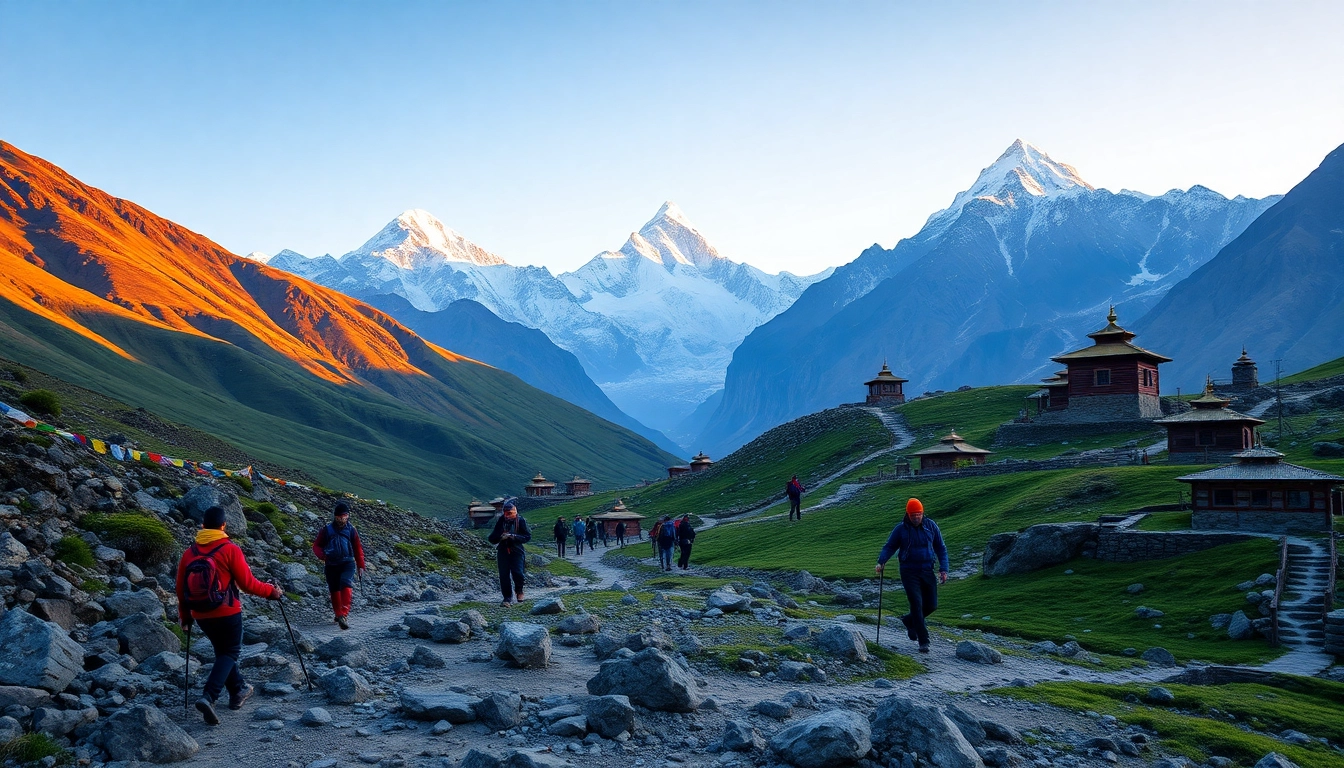 Trekkers on the Everest Base Camp Trek with Mount Everest in the background during sunrise.