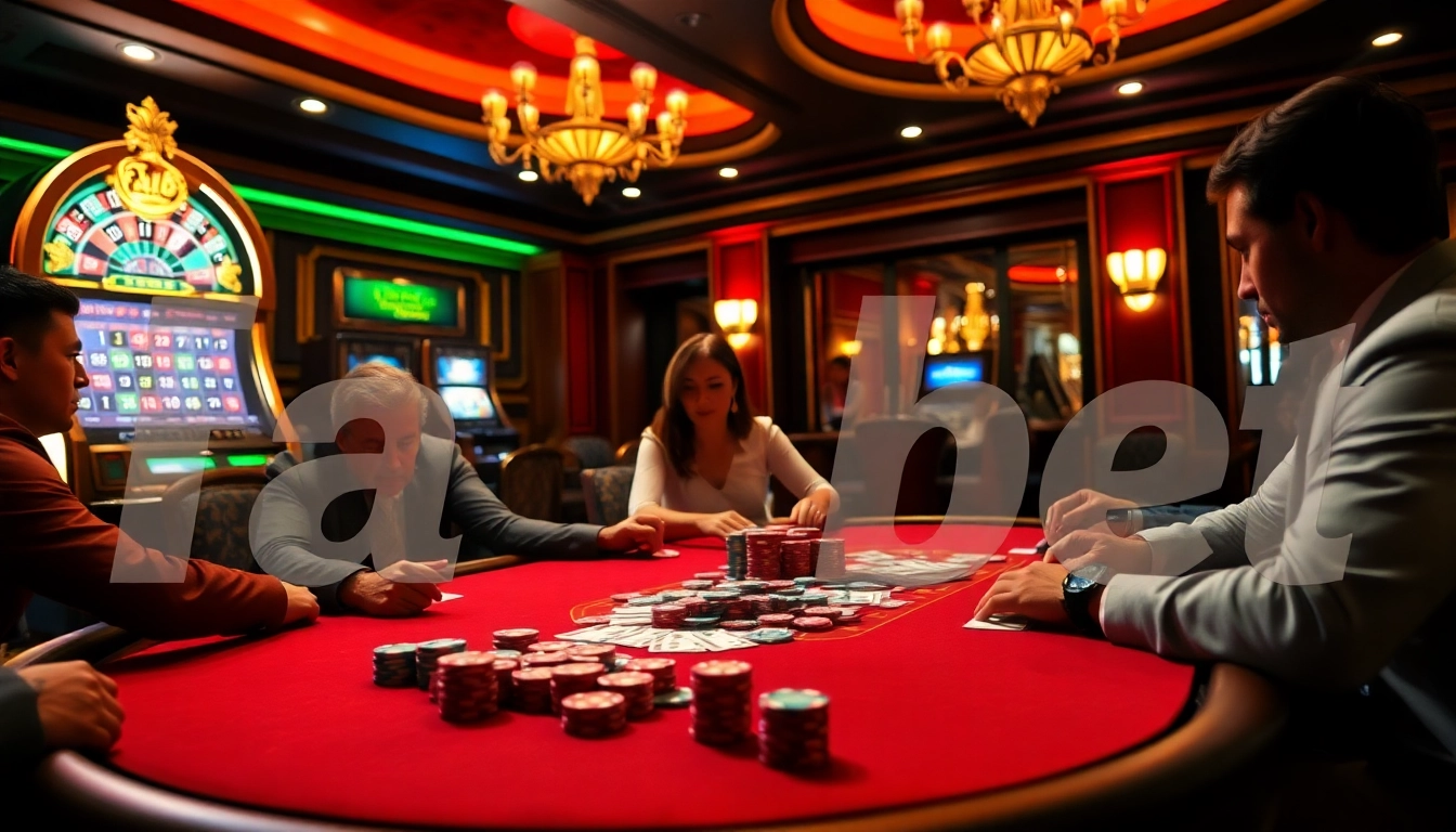 Experience the excitement of fa bet with players at a luxurious poker table in a vibrant casino.