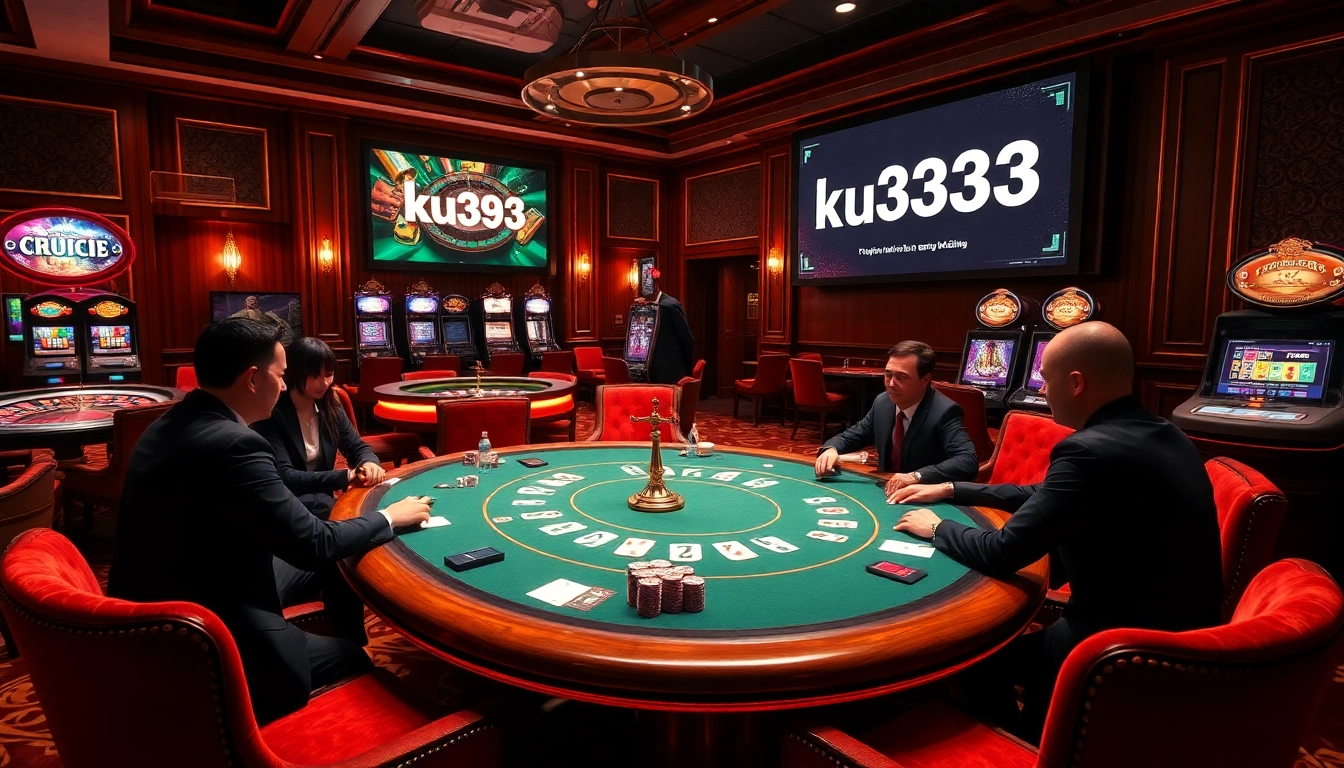 Intense poker game scene featuring ku3933 at a luxurious casino table with vibrant chips and cards.