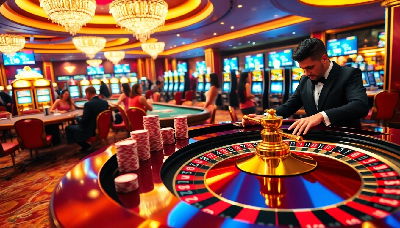 Betting at a luxury casino featuring dynamic TR88 roulette, poker, and vibrant slot machines.