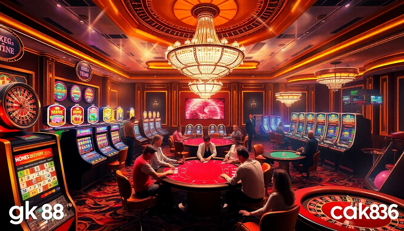 High-stakes poker scene in a lavish casino, featuring gk88 branding elements and exciting gameplay.
