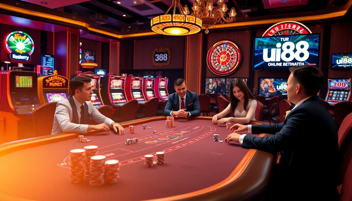 High-stakes poker game setting at uu88 casino with vibrant slot machines and roulette.