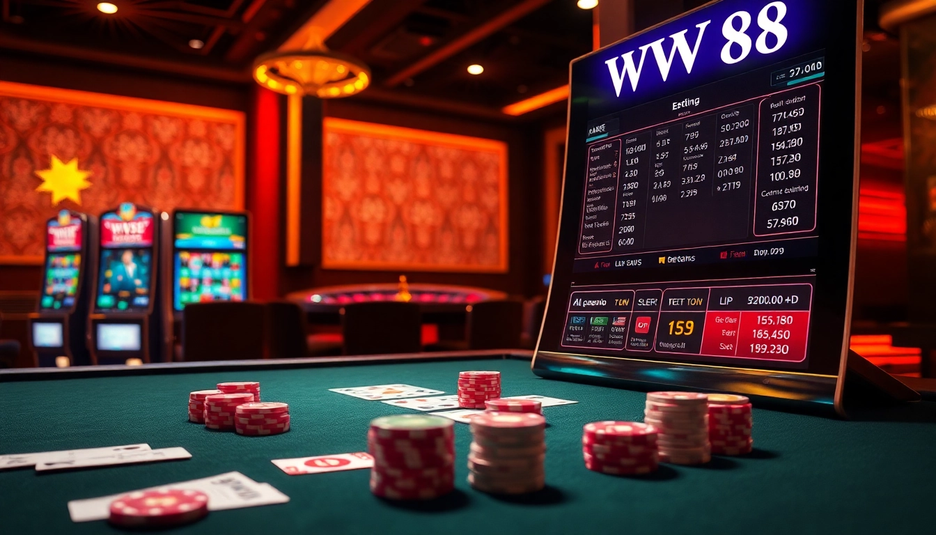 WW88 elevates online gambling with vibrant slot machines and casino tables in a luxurious scene.