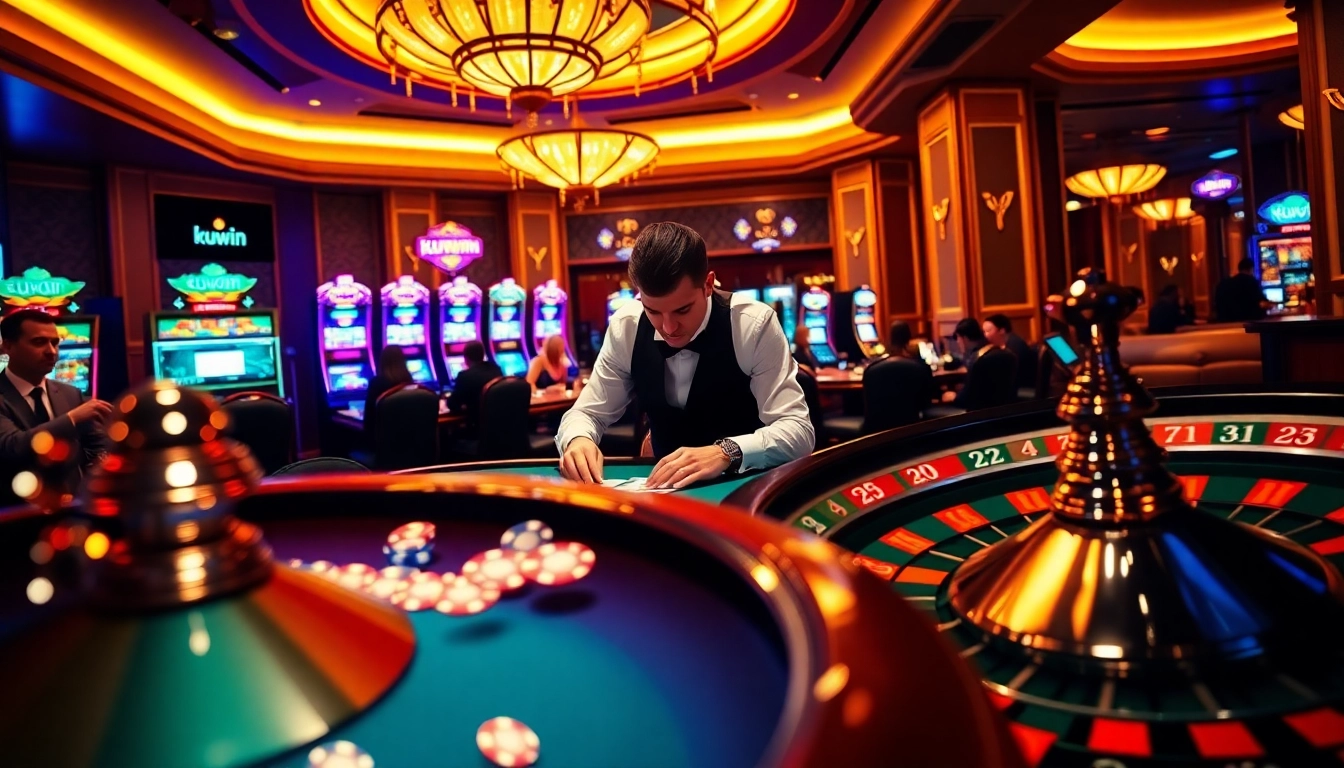 Kuwin players enjoying an exciting poker game amidst vibrant casino lights.