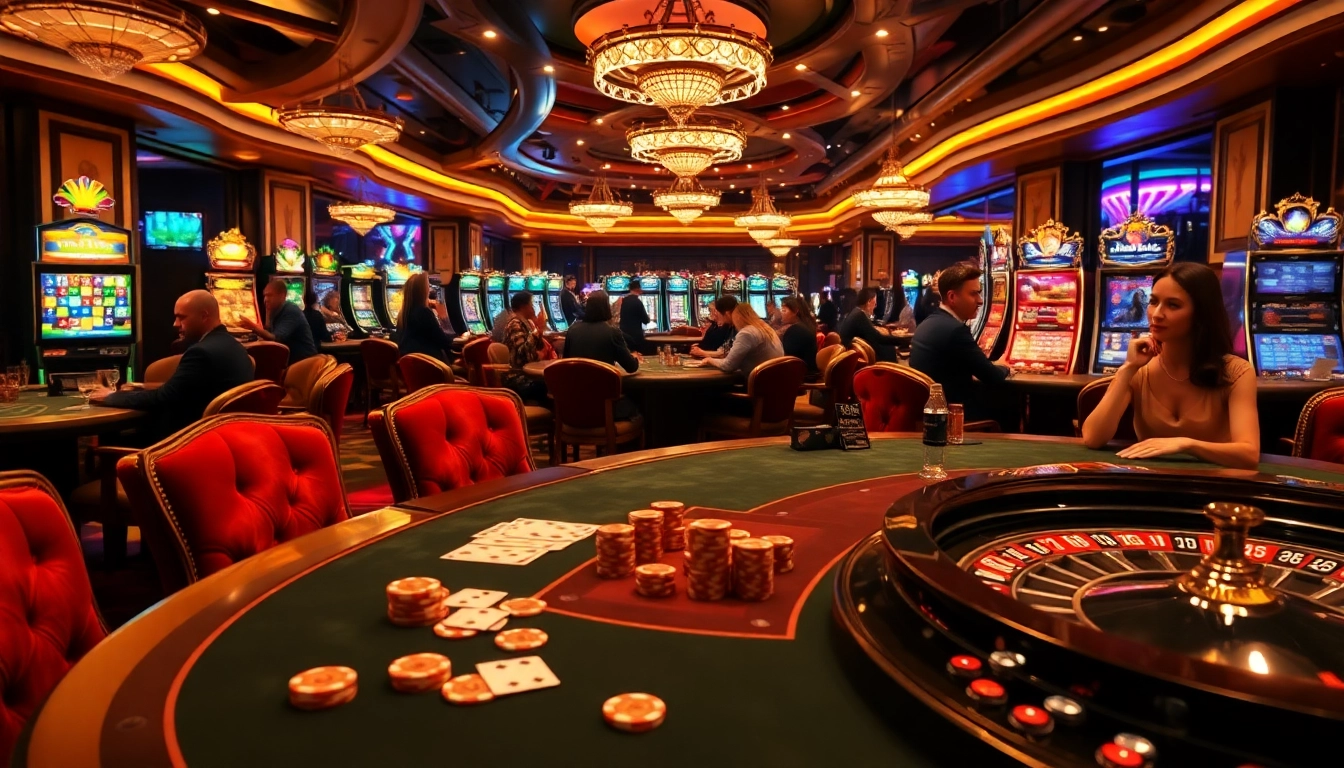 Players enjoying the thrilling atmosphere of vip66 casino games with stylish poker tables and vibrant slot machines.
