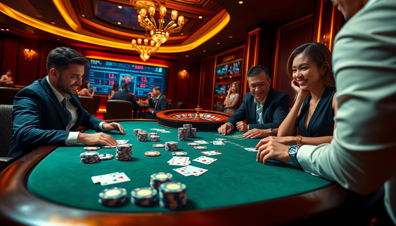 Engaging players at a luxurious 88vv casino table with poker chips and cards.