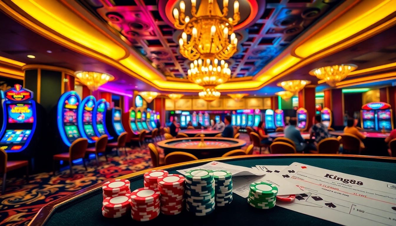 Experience King88 excitement with vibrant casino tables and colorful gaming elements.