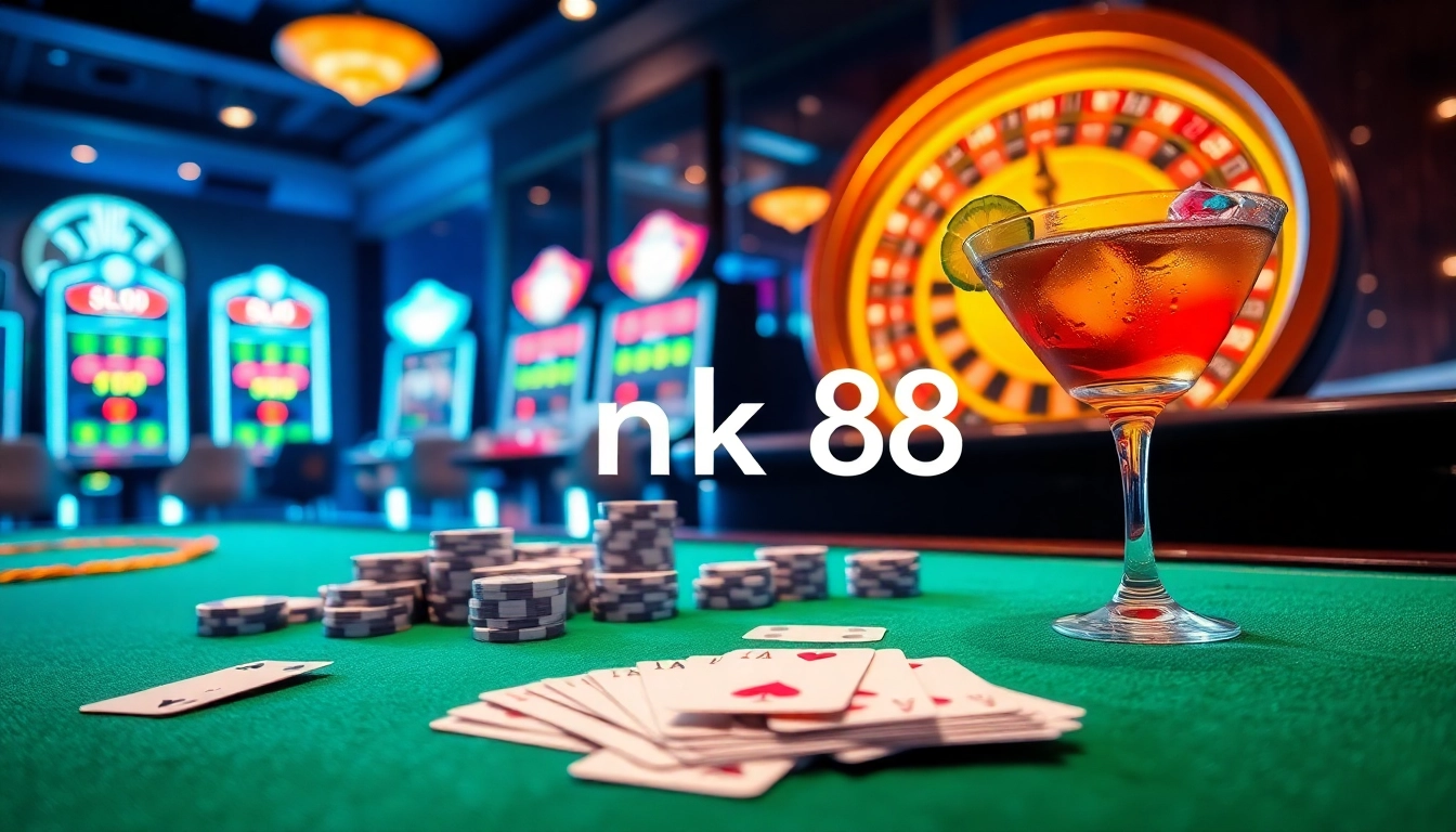 Engaging nk88 casino scene with a luxurious gaming table, cards, and vibrant slot machines.