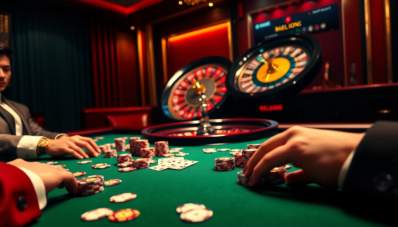 Experience luxury gambling at loto188.gb.net with a vibrant poker table and roulette wheel scene.