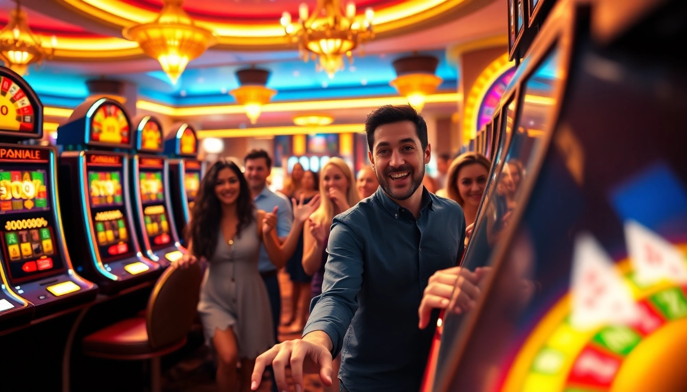 Gamblers enjoying their time at SLOTS8 casino, surrounded by vibrant slot machines and poker chips.