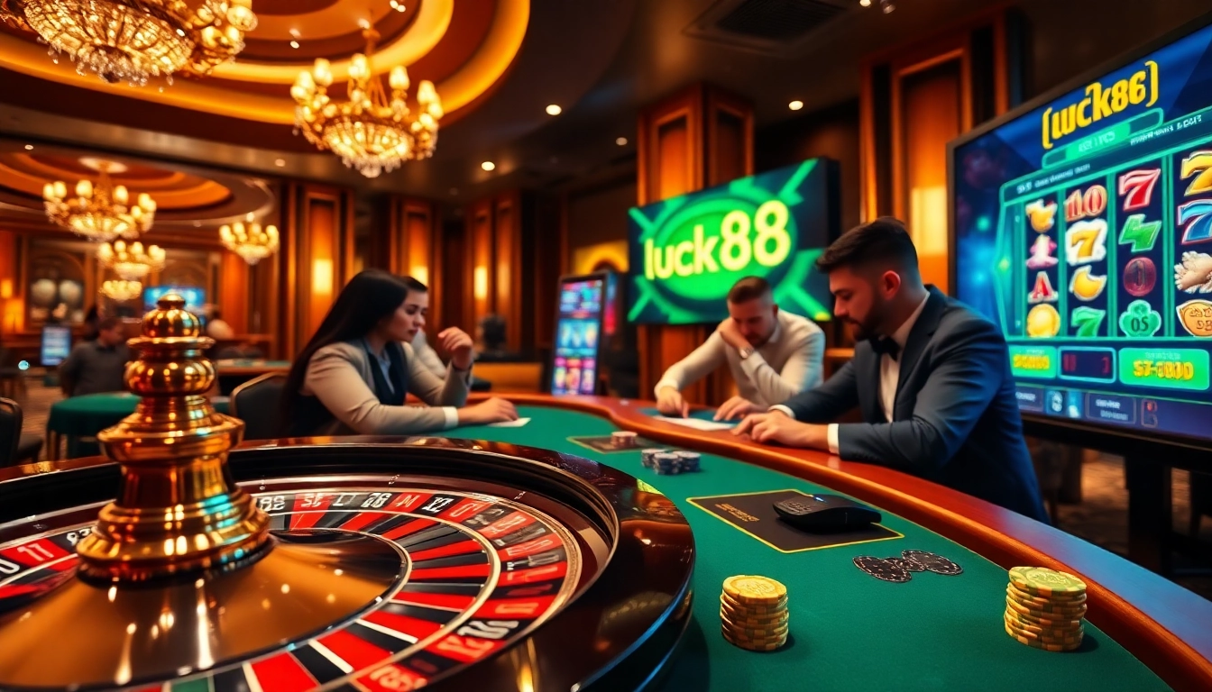 Players enjoying a thrilling Luck88 poker game at a luxurious casino table.