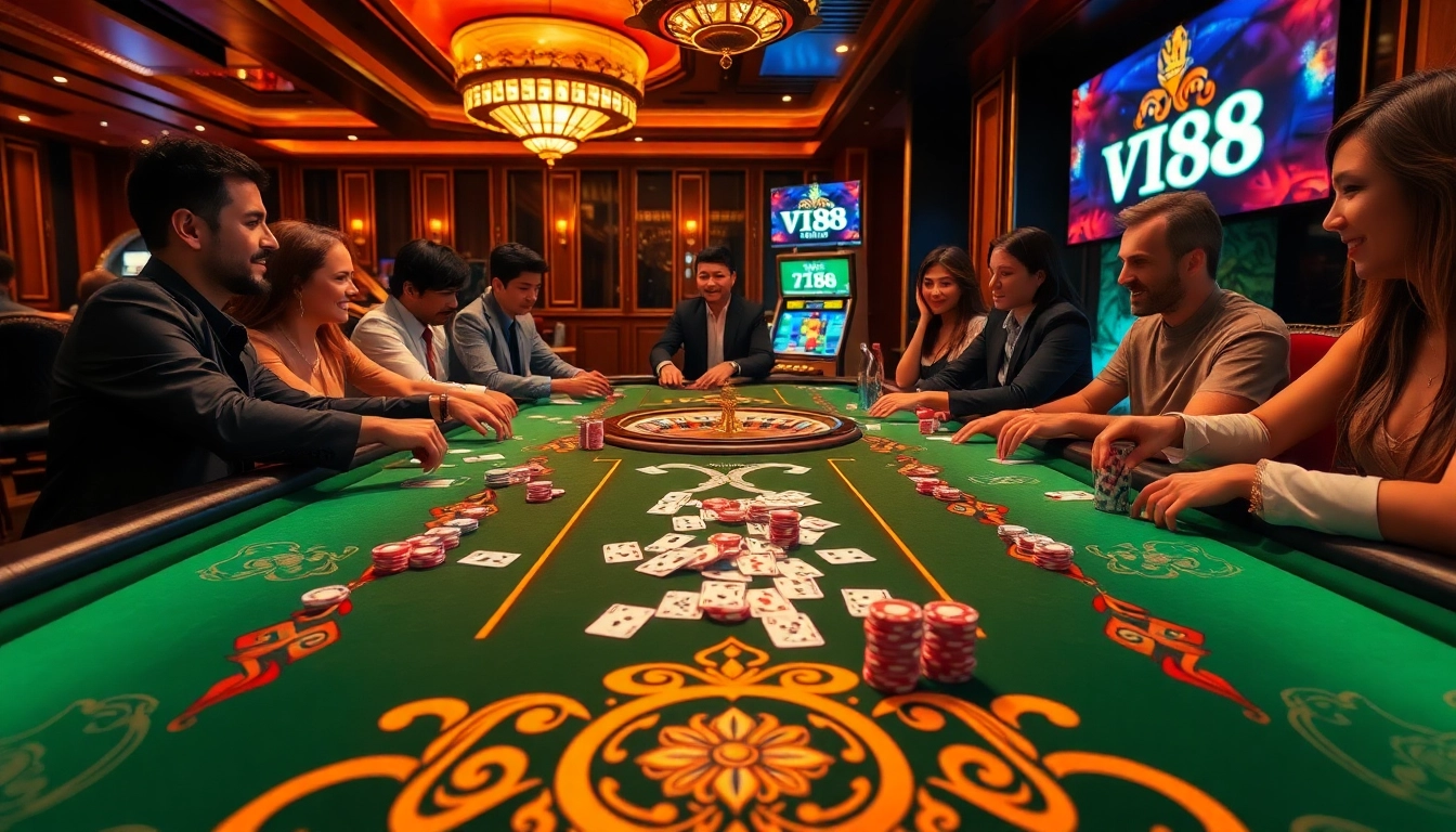 Engage with vin 88 in a vibrant casino scene featuring poker chips, cards, and a roulette wheel, showcasing the excitement of gambling.