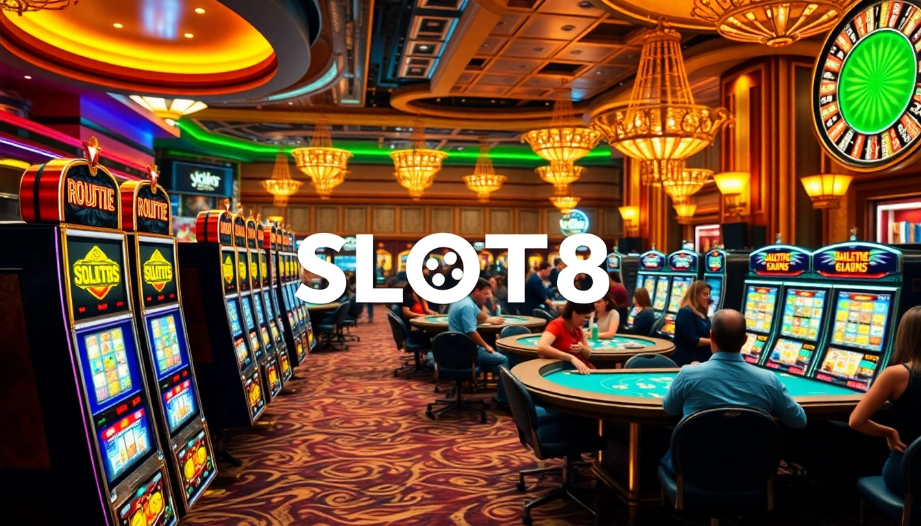 Players engaging with exciting slot machines at SLOTS8 casino, showcasing vibrant lights and a thrilling atmosphere.