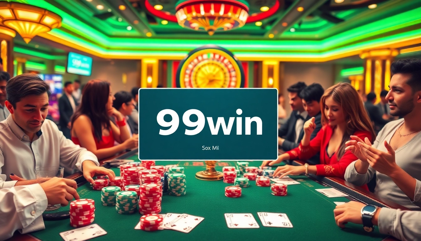 Exciting casino scene with gamblers at a poker table, showcasing 99win betting action.