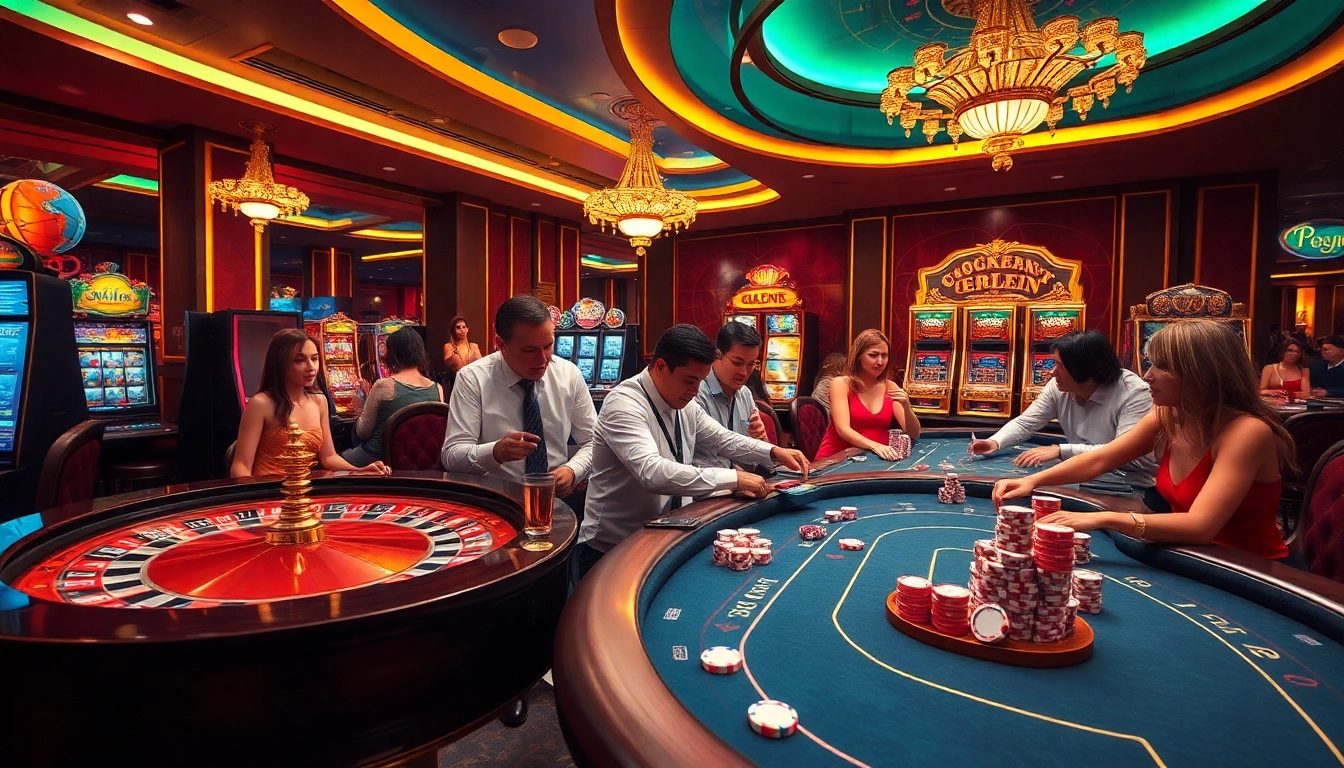 The vibrant casino scene at https://8fly886.com/ showcases roulette and poker tables filled with excited players.