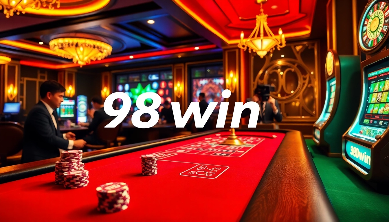 Experience the excitement of gambling with 98win poker chips and a glowing roulette wheel.