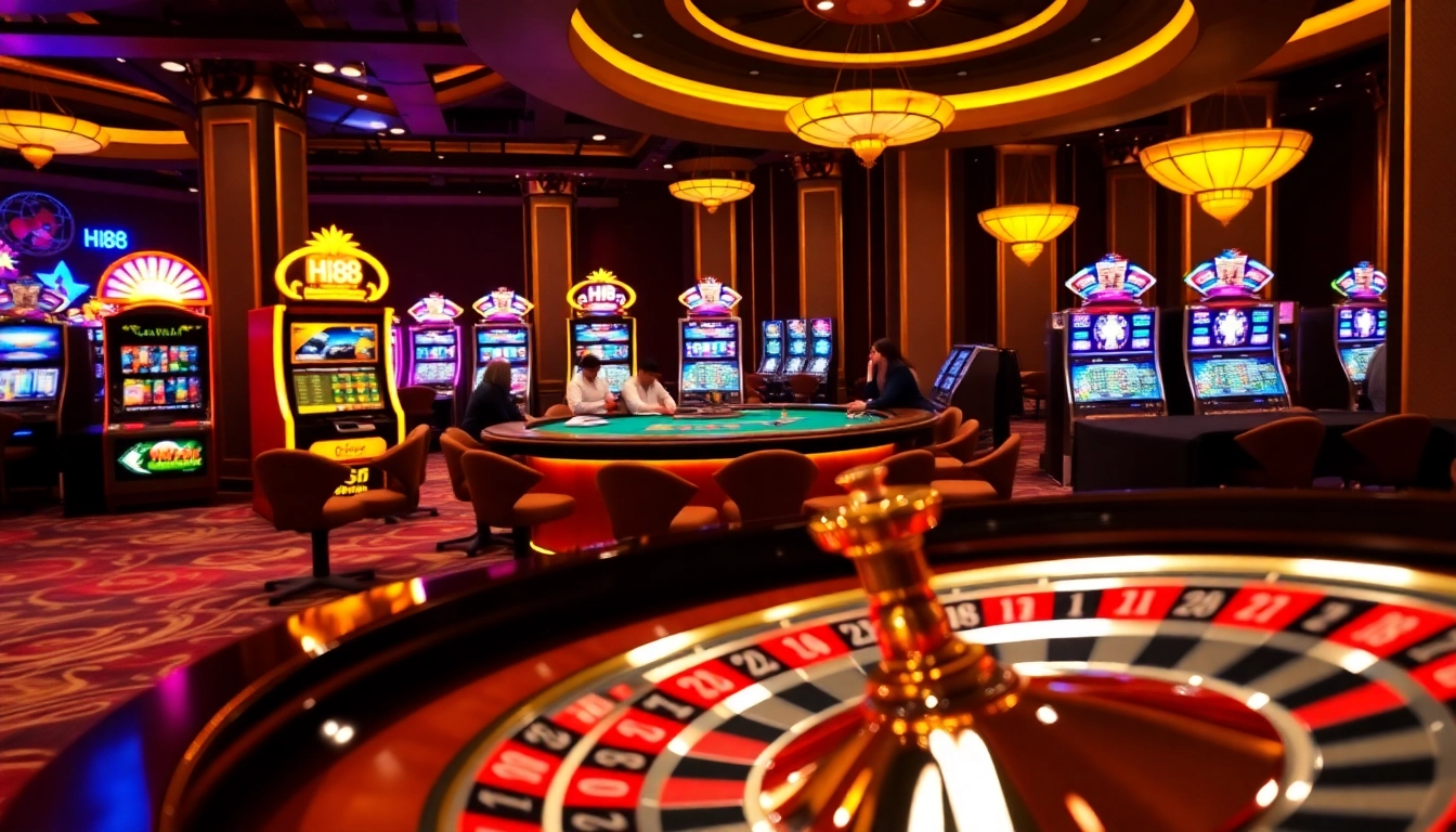 Experience the excitement of Hi88 with vibrant casino tables and glowing slot machines.