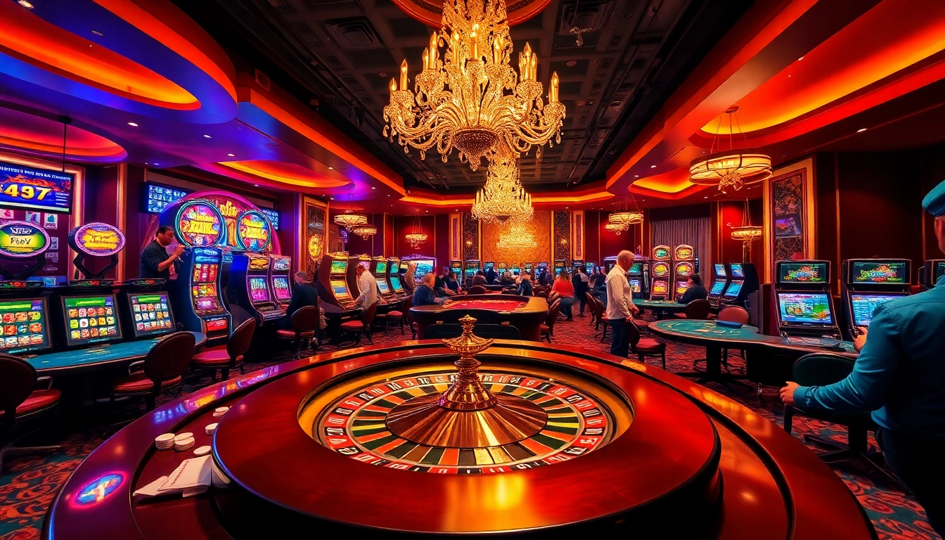 Energetic casino scene showcasing EE88 with roulette tables, vibrant slot machines, and attentive players.