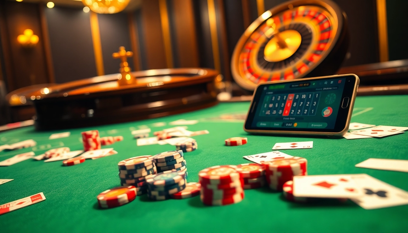 Engaging high-stakes casino scene with poker chips and cards showcasing 5z777.