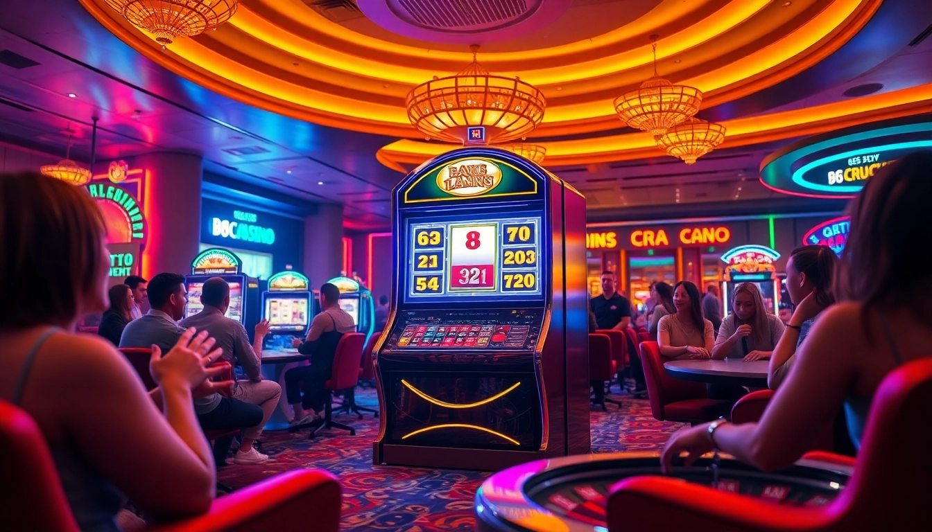 Players enjoying the J8 slot machine amidst a vibrant casino atmosphere, showcasing excitement and luxury.