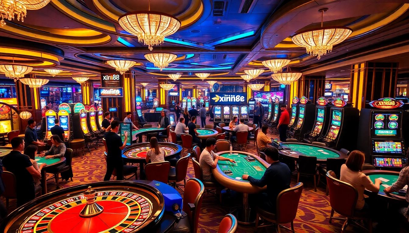 Experience luxury and excitement at the xin88 casino table, featuring vibrant slot machines and roulette wheels.
