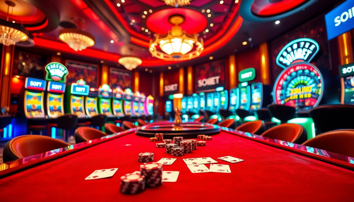 Experience the excitement of winning at SOIBET's luxurious casino tables with poker chips and slot machines.