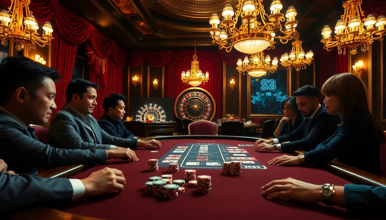 SX88 poker players strategizing in a luxurious casino setting with rich ambiance.