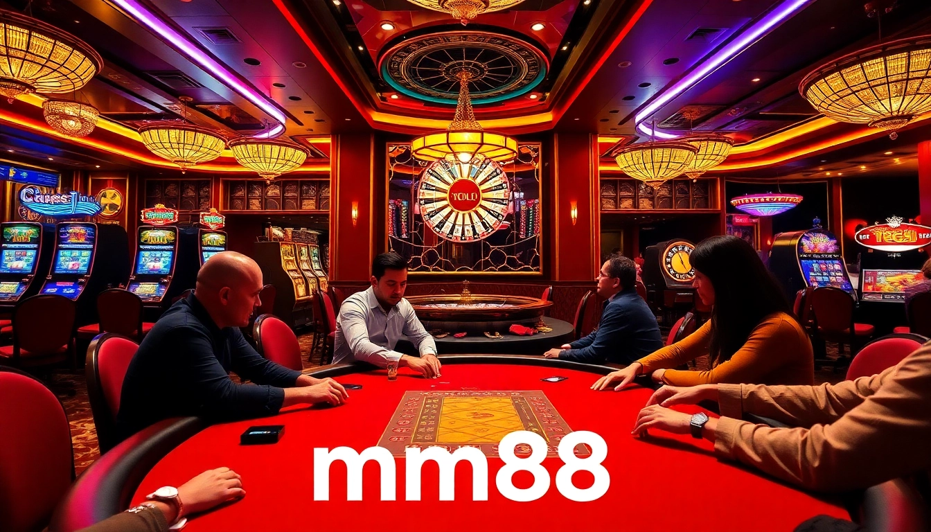 Players enjoying a high-stakes poker game at mm88 casino, showcasing excitement and elegance.