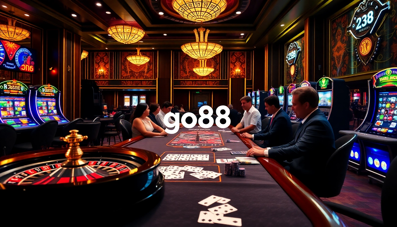 Experience thrilling gameplay at go88's vibrant casino atmosphere with roulette and poker tables.