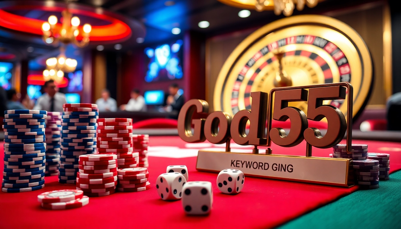 Casino gaming atmosphere with vibrant table, poker chips, and God55 branding.