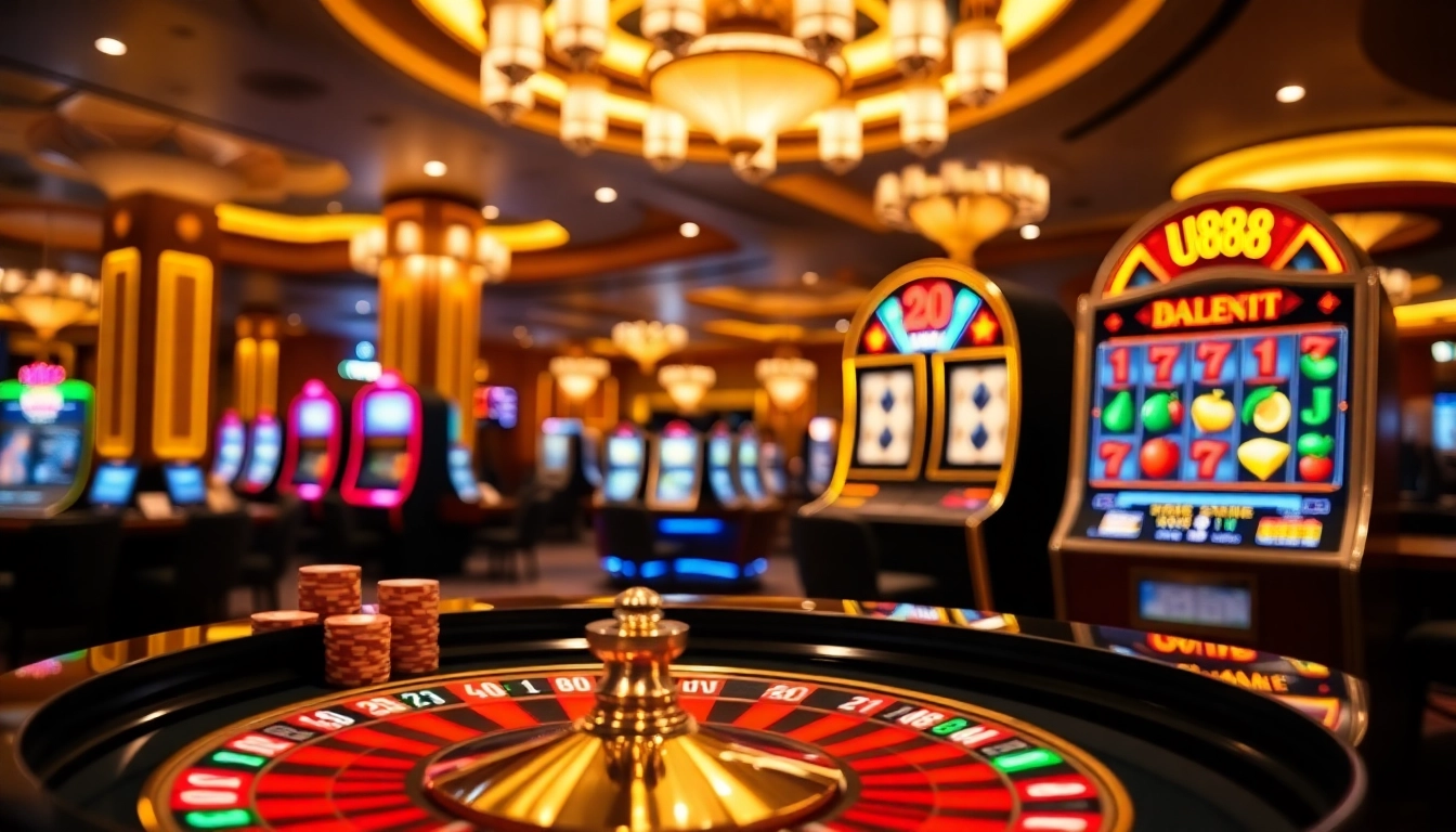 Place your bets at U888, showcasing poker chips and roulette in a luxurious casino setting.