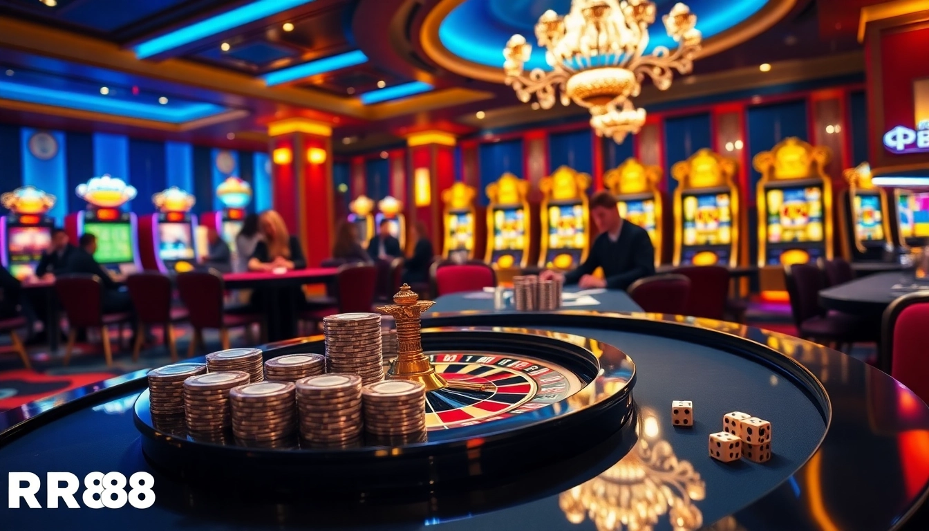 RR88 enthusiasts enjoy an exciting game at a luxurious casino table.