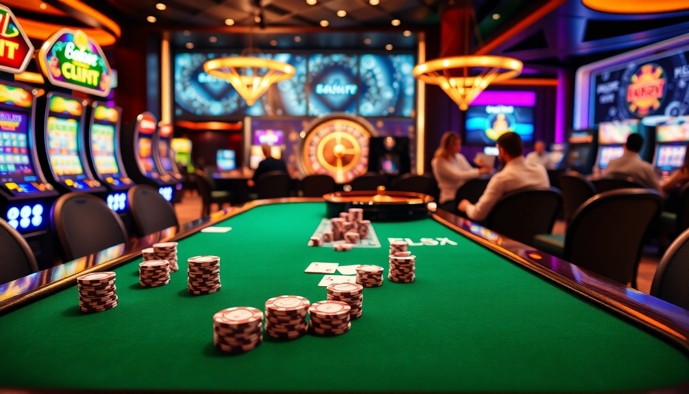 Engaging NK88 casino scene with poker chips, cards, and roulette wheel creating excitement.