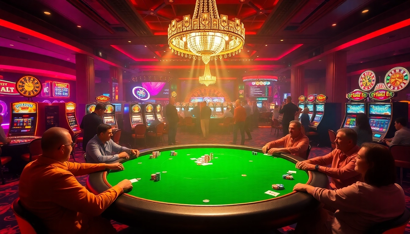 KJC-themed poker action with players at an elegant casino table surrounded by vibrant gaming elements.
