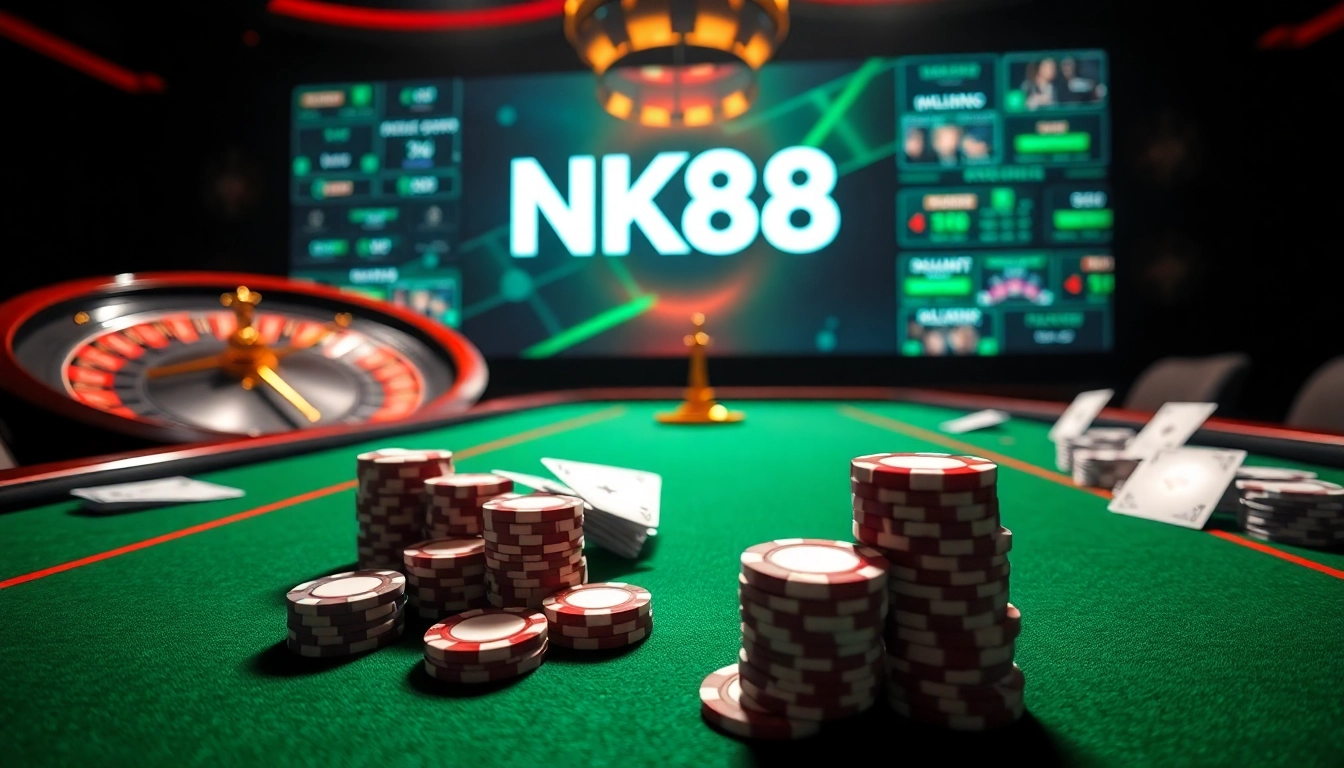 Experience the thrill of NK88 at a luxurious casino gaming table with poker chips and cards.