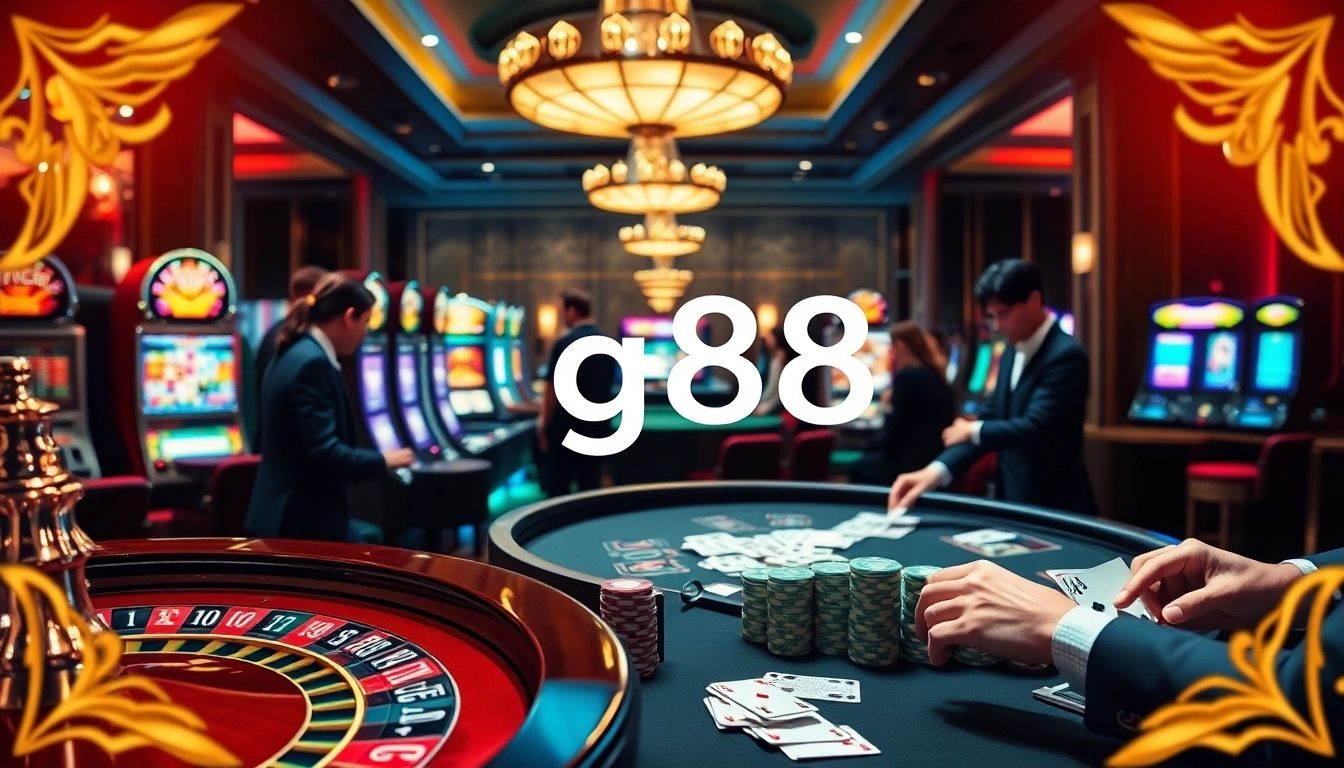 Gamblers enjoying games with g88 branding visible on poker chips and tables in a luxurious casino setting.