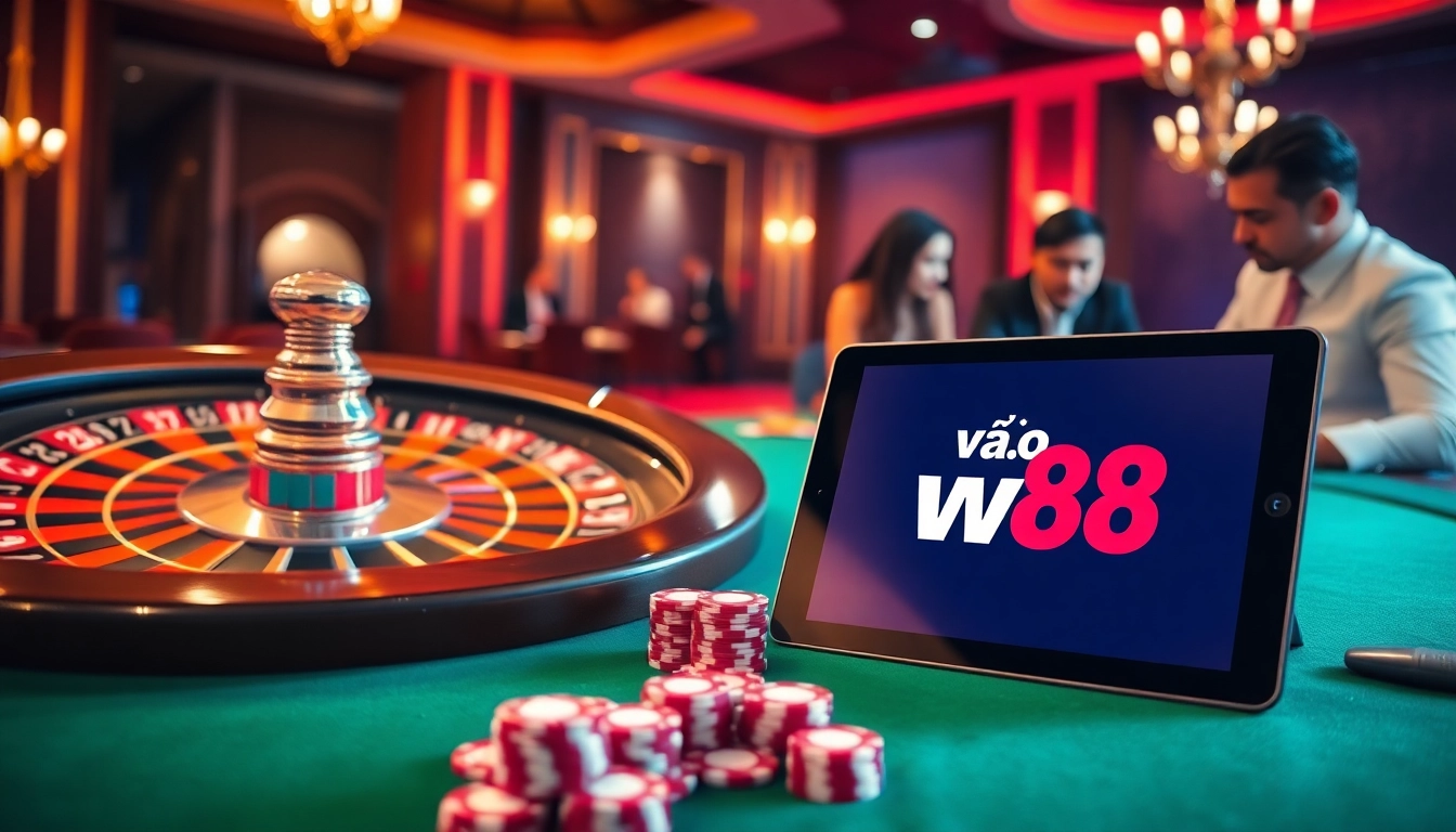 Experience the excitement of playing casino games with vào w88 showcasing vibrant poker chips and a roulette wheel.