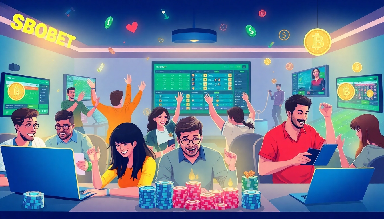 SBOBET online betting scene showcasing diverse players enjoying gambling on sbobet.dance platform with vibrant colors.