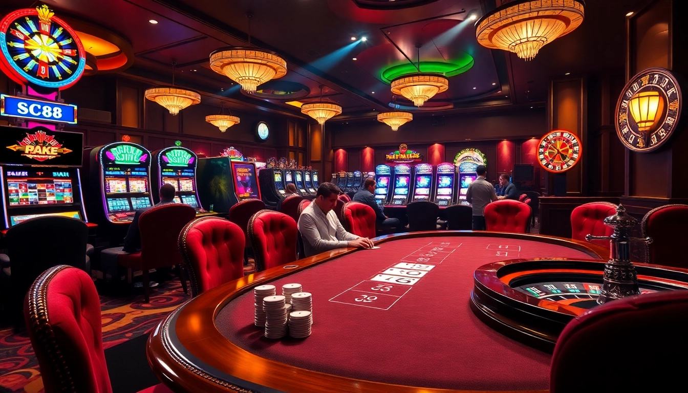 Exciting poker game at a casino with sc88-themed chips and cards.