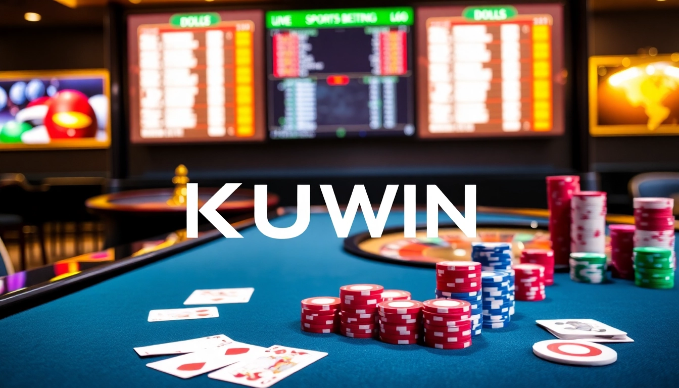 Kuwin online casino showcasing an inviting poker table and roulette wheel with vibrant lights.