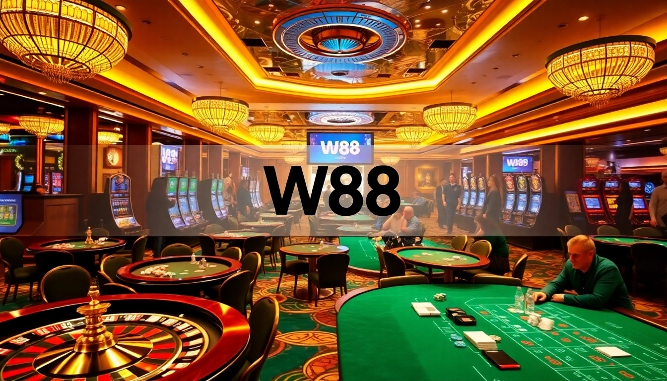 Players enjoying a thrilling experience at the W88 casino, with colorful chips and roulette wheels.