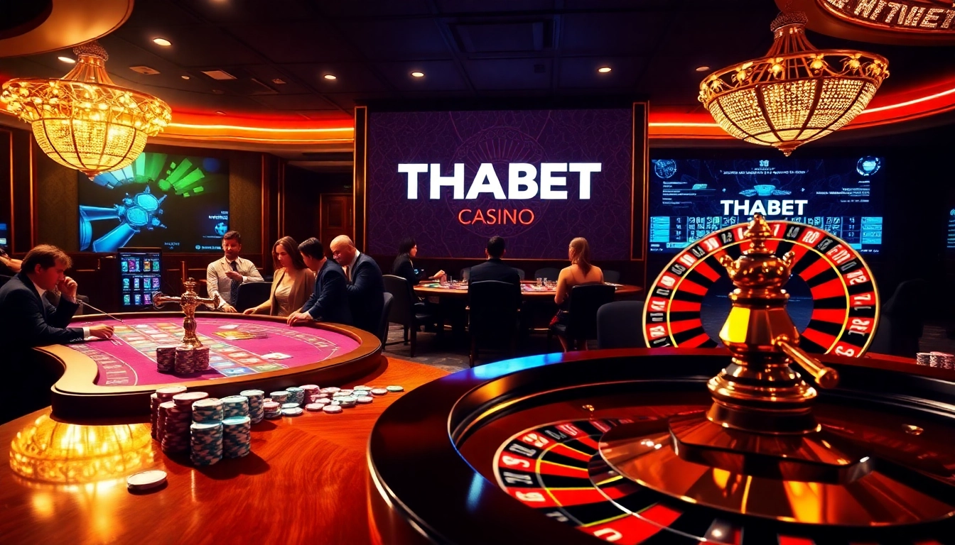 Excited players share a thrilling moment at a THABET casino table, showcasing vibrant poker chips and cards.