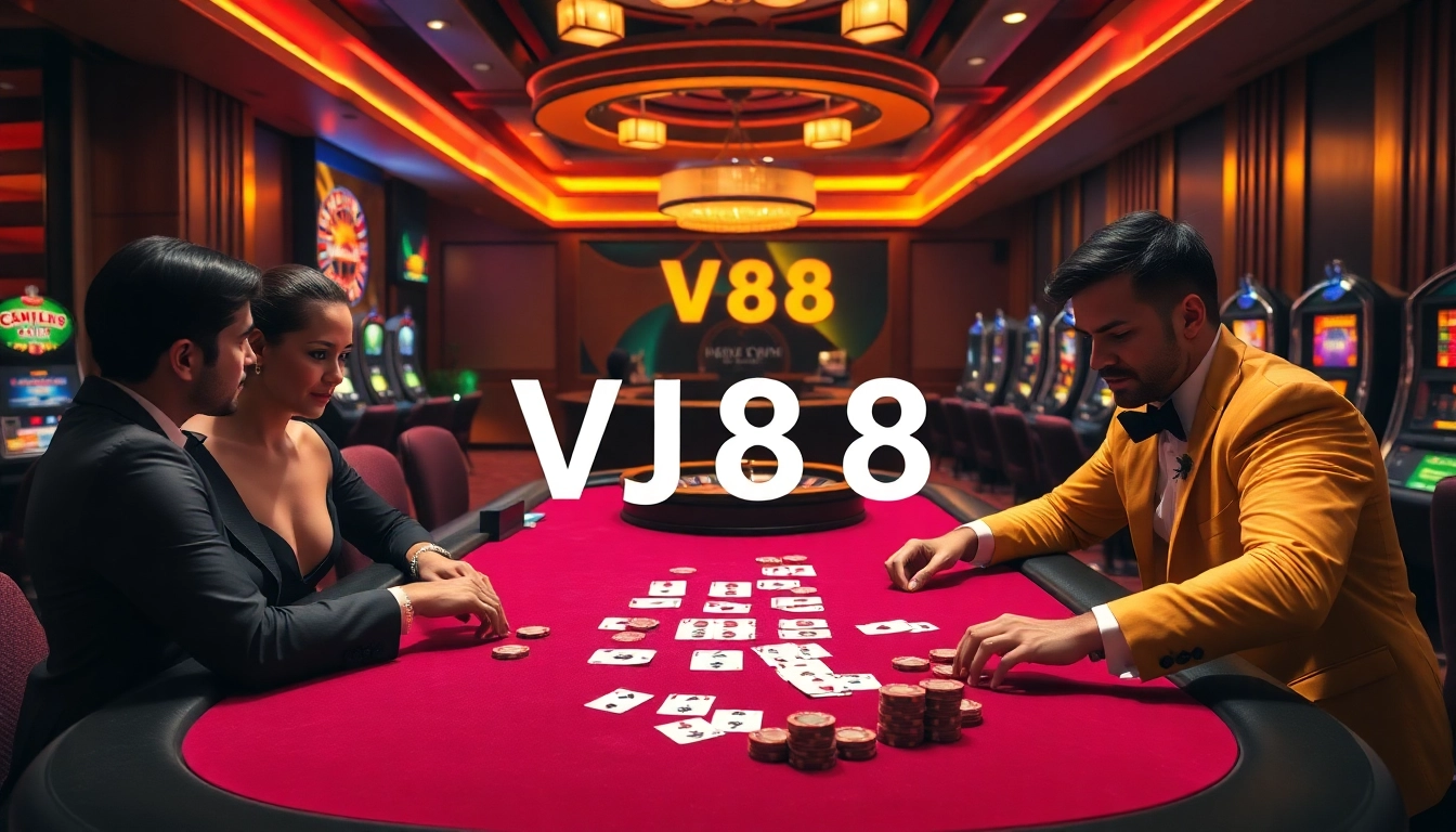 Players enjoy an exciting game of poker at VJ88 casino, surrounded by vibrant chips and cards.