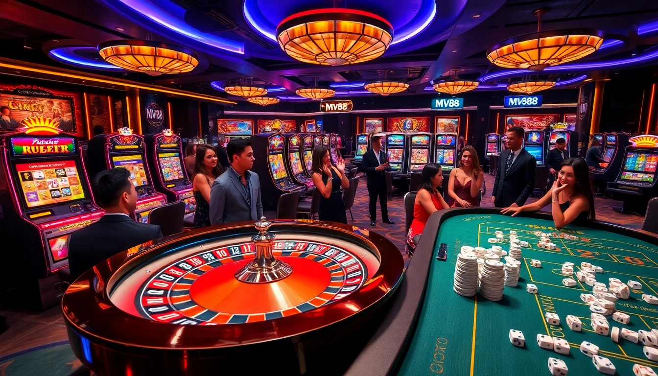 Exciting MV88 casino experience with players at roulette and vibrant slot machines.