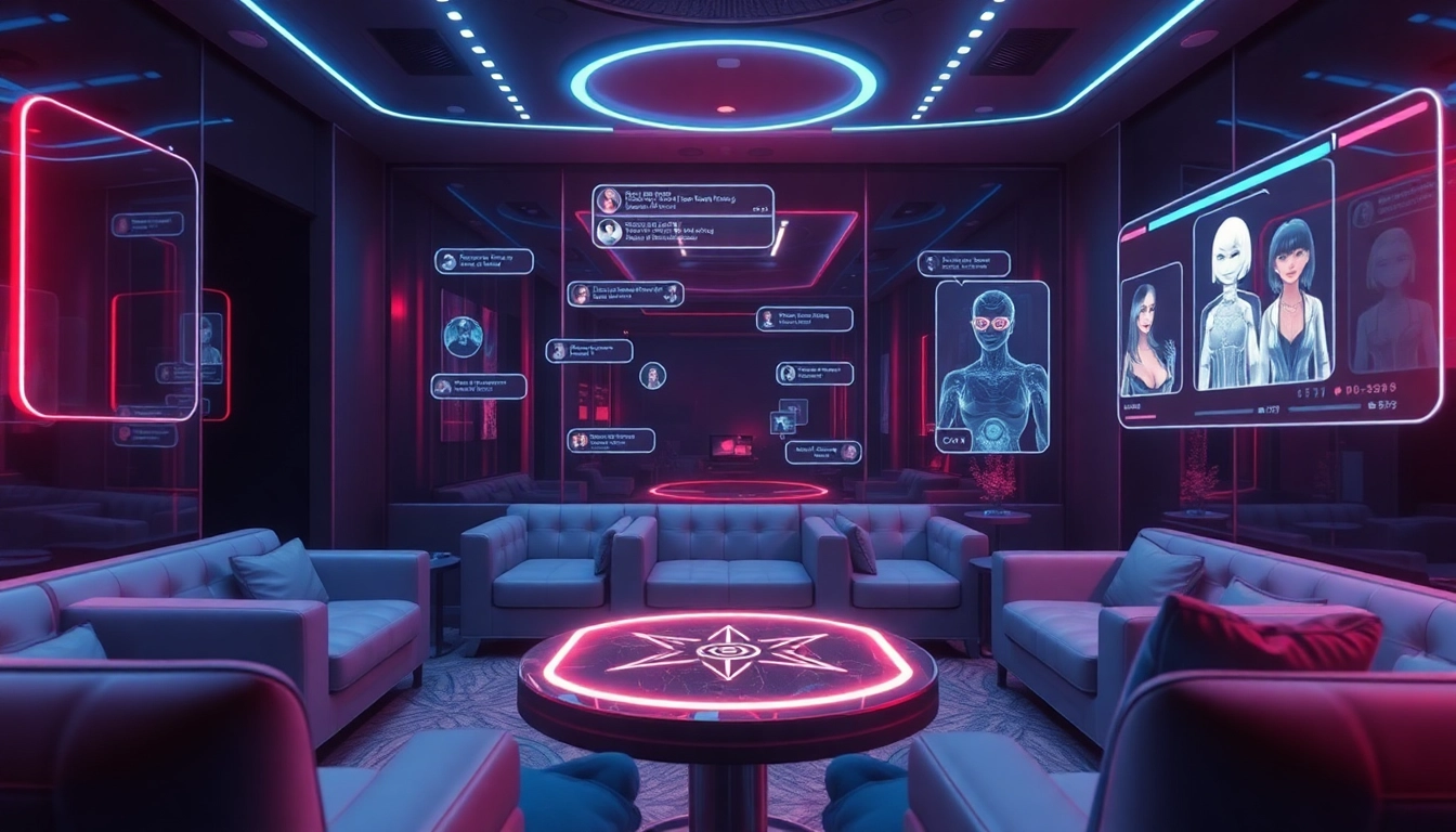 Interactive NSFW AI chatbot experience showcasing customizable avatars and futuristic interface.