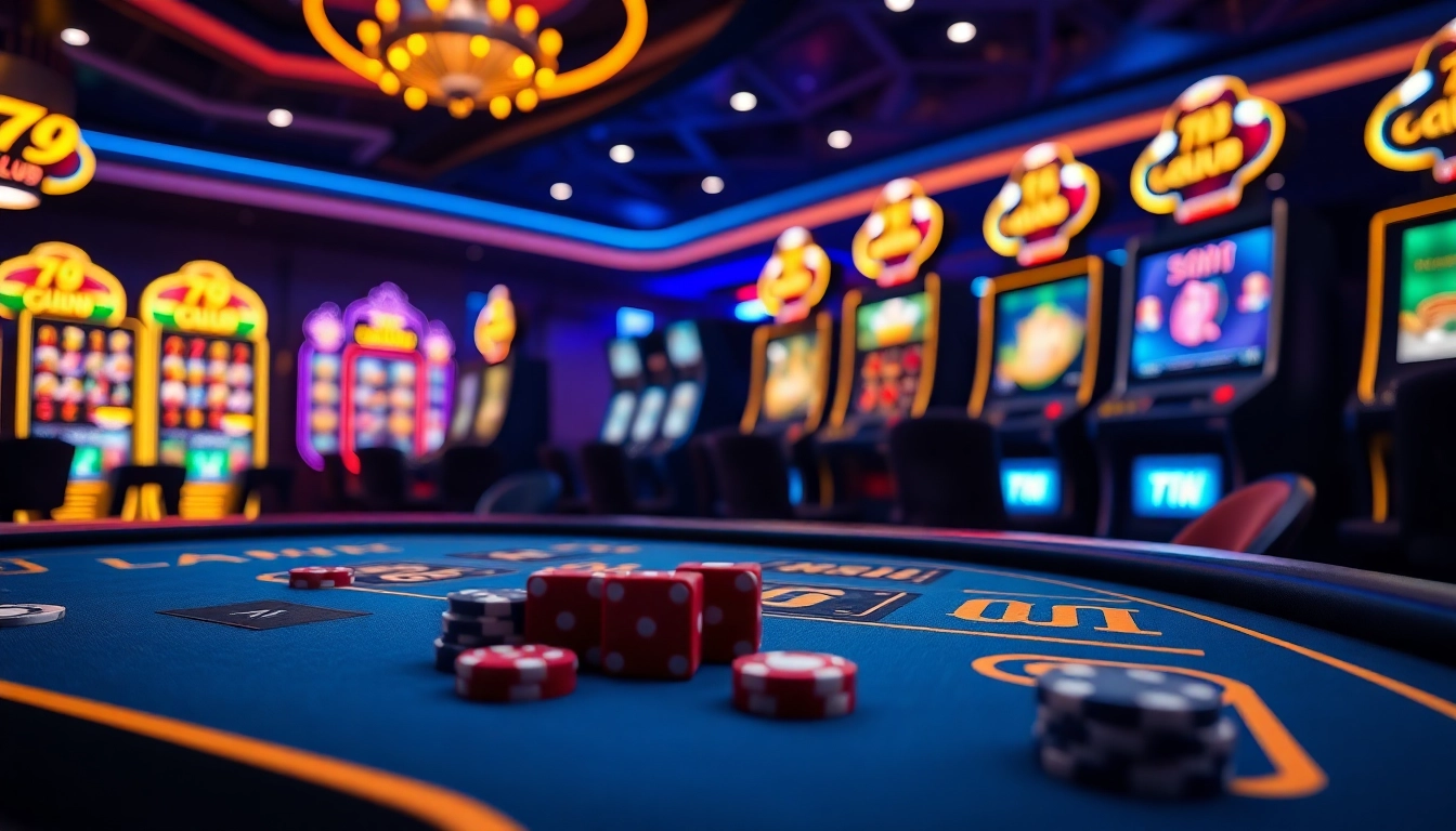 Online gambling excitement at 789CLUB with vibrant casino tables, chips, and digital screens.